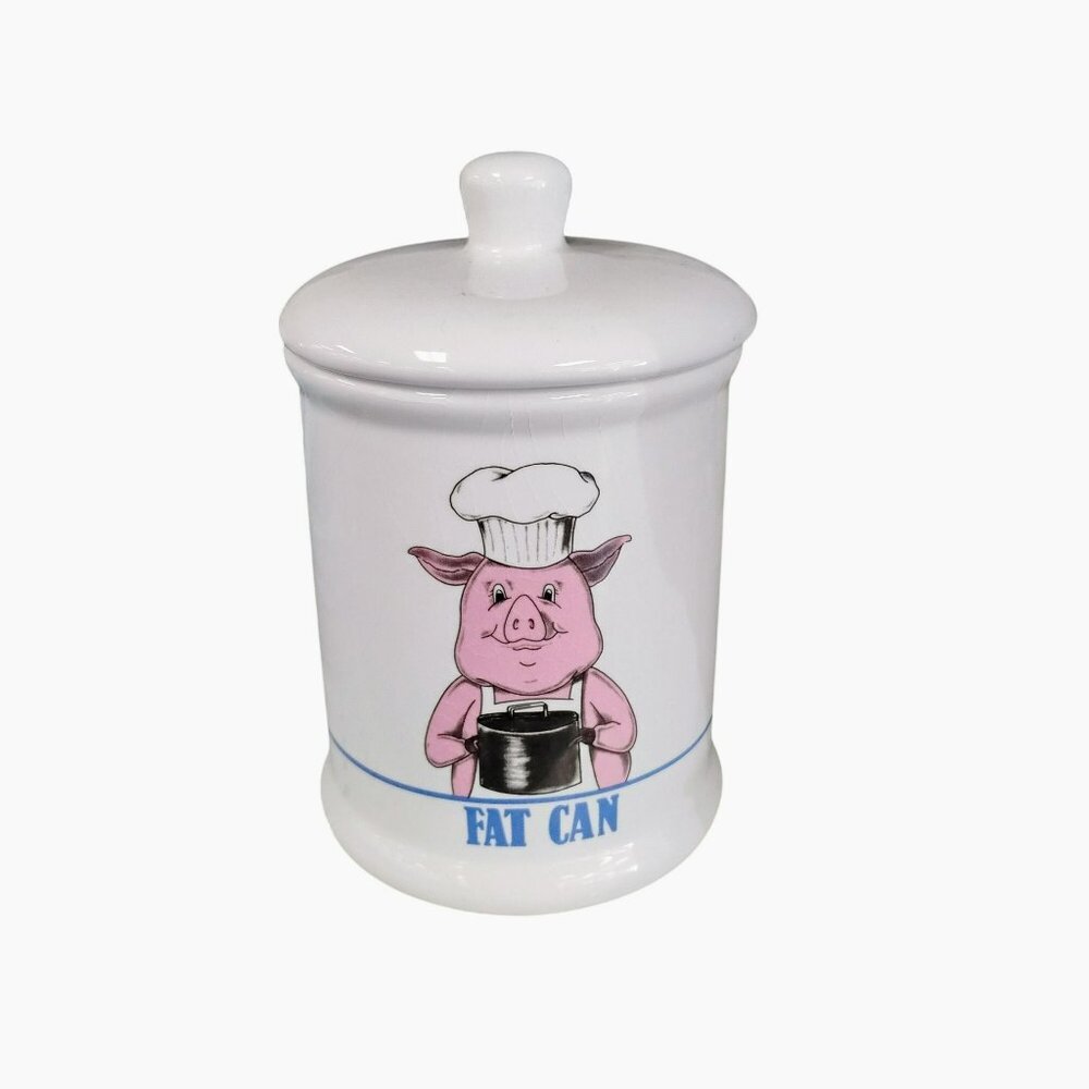 Vintage Pig Fat Can Grease Jar with Lid, 1989 Bandwagon Ceramic Canister Pot 7"